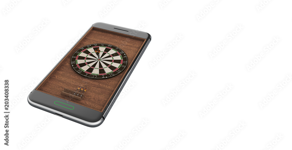 Mobile phone isolated screen darts game concept 3d illustration. Minimal white background dartboard design image Mobile phone isolated screen darts game concept 3d illustration. Minimal white background dartboard design image