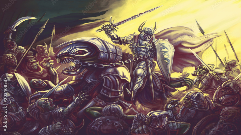 Fototapeta premium Knight is riding a sword on a dragon