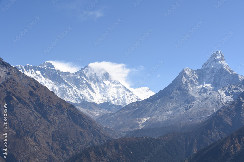 Mount Everest, Lhotse and Ama Dablam at a sunny day