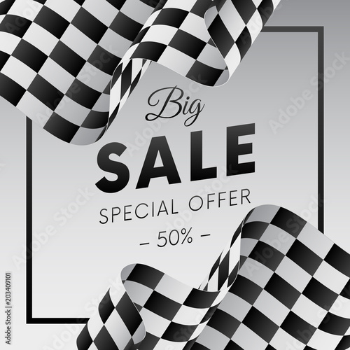 Big sale banner or sticker. Special offer. Fifty percent off. Checkered flag. Vector illustration.