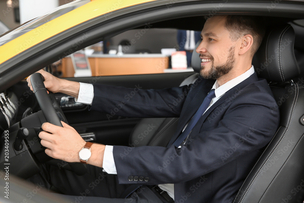 Young businessman sitting in driver's seat of auto. Buying new car