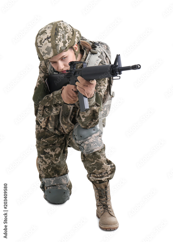 Female soldier with machine gun on white background. Military service Female soldier with machine gun on white background. Military service