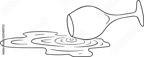 Hand Drawn Doodle Sketch Line Art Vector Illustration of Tipped Over Wineglass with Spilled Liquid. Emblem Poster Banner Black Outline Design Element Template