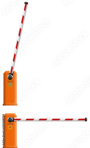 Barrier gate with open and closed bar with green and red light for access and stop. Realistic three-dimensional isolated vector illustration of an automatic technical traffic equipment on white.