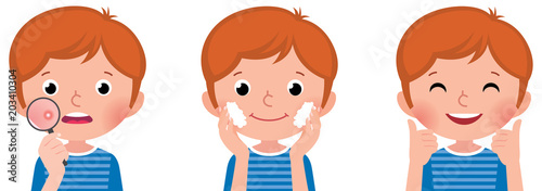 Vector cartoon illustration of a boy and him care for problem skin and a successful solution to the problem of acne