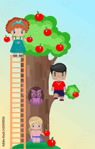 children on the lawn with an Apple tree on a picnic, two girls and a boy under the tree and on it, with apples in his hands, in a tree hollow with an owl inside