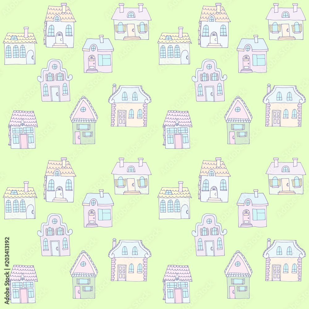 Seamless colorful pattern with houses. Background suitable for textile design, web page background, surface textures