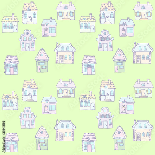 Seamless colorful pattern with houses. Background suitable for textile design  web page background  surface textures
