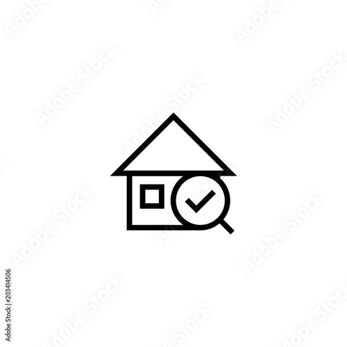 recommended house search icon. home with magnifying glass and okay check symbol. simple clean thin outline style design.