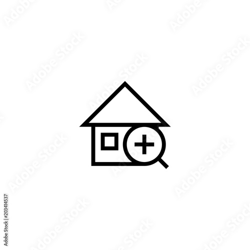 add house search icon. home with magnifying glass and plus symbol. simple clean thin outline style design.