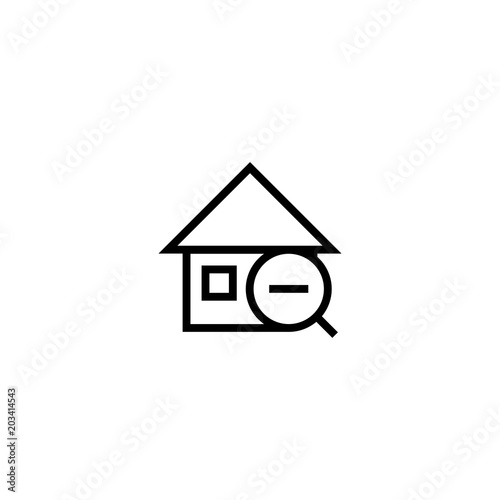 minus house search icon. home with magnifying glass and stripe symbol. simple clean thin outline style design.