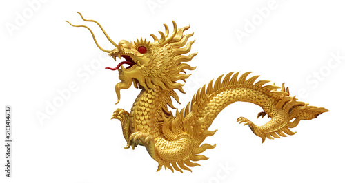   Chinese golden dragon statue isolate on white background.