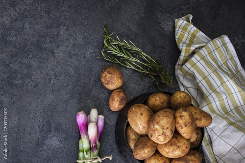 Spring onions and potatoes on dark background © bepsphoto