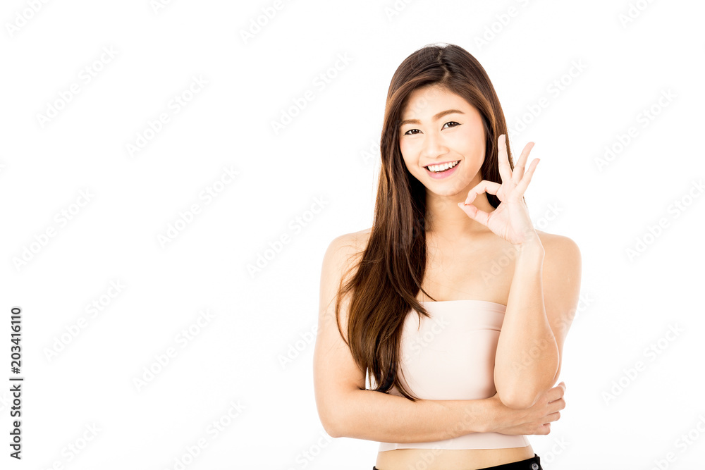 Beautiful Attractive Asian woman smile and making okay hand sign feeling so happiness with healthy skin,Isolated on white background,Skincare Concept Beautiful Attractive Asian woman smile and making okay hand sign feeling so happiness with healthy skin,Isolated on white background,Skincare Concept
