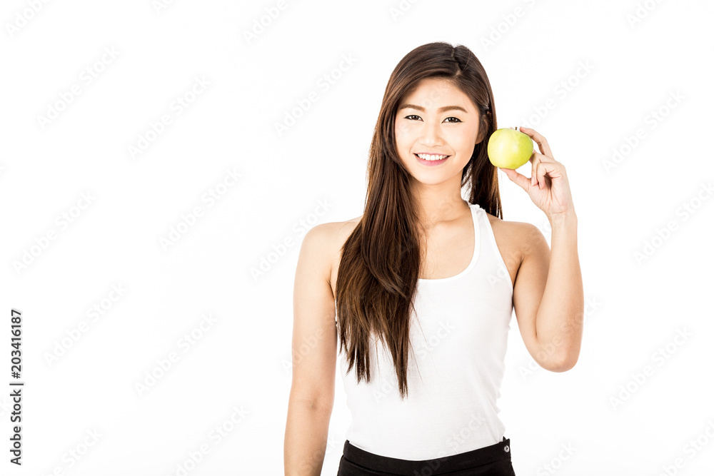 Beautiful Attractive Asian woman with smooth hair smile and showing green apple feeling so happiness with healthy skin,Isolated on white background,Healthy Concept Beautiful Attractive Asian woman with smooth hair smile and showing green apple feeling so happiness with healthy skin,Isolated on white background,Healthy Concept