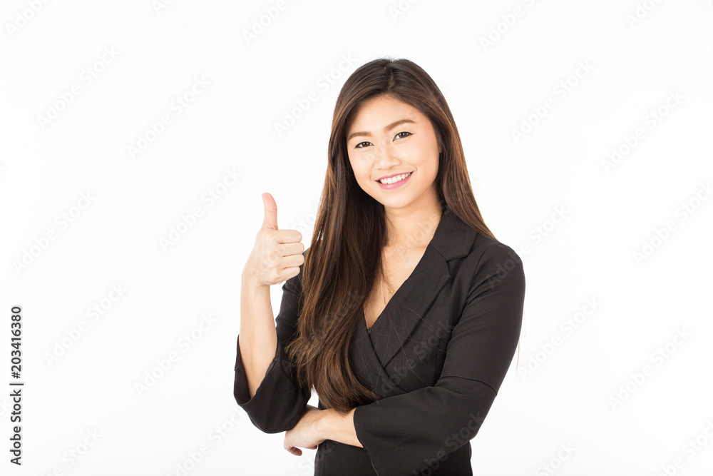 Beautiful Attractive Asian young business woman wearing black suit smile and showing thumbs up good sign,Isolated on white background,Business Concept Beautiful Attractive Asian young business woman wearing black suit smile and showing thumbs up good sign,Isolated on white background,Business Concept