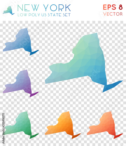 New York geometric polygonal maps, mosaic style US state collection. Extraordinary low poly style, modern design. New York polygonal maps for infographics or presentation.