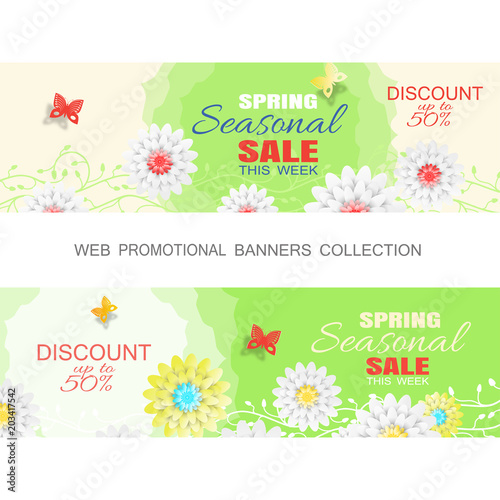Set of Spring seasonal Sale banners on the gradient beige and green background with curly branches of flowers, butterflies, text, flowers.