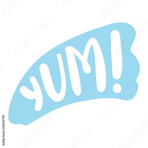 Yum text. Only one single word. Printable graphic tee. Design doodle for print. Vector Colorful Cartoon style.