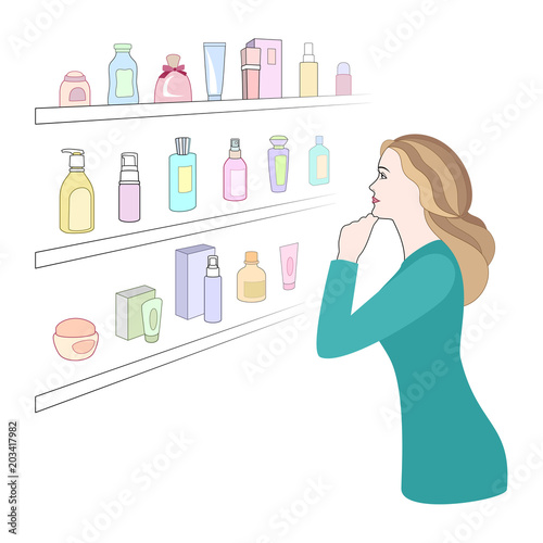 Woman chooses cosmetics and perfumery at cosmetics shop. Beautiful woman is standing by the shelf with cosmetics and chooses gift. Vector illustration.