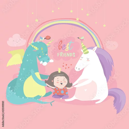 Obraz Kreskówka smok, jednorożec i mała dziewczynka