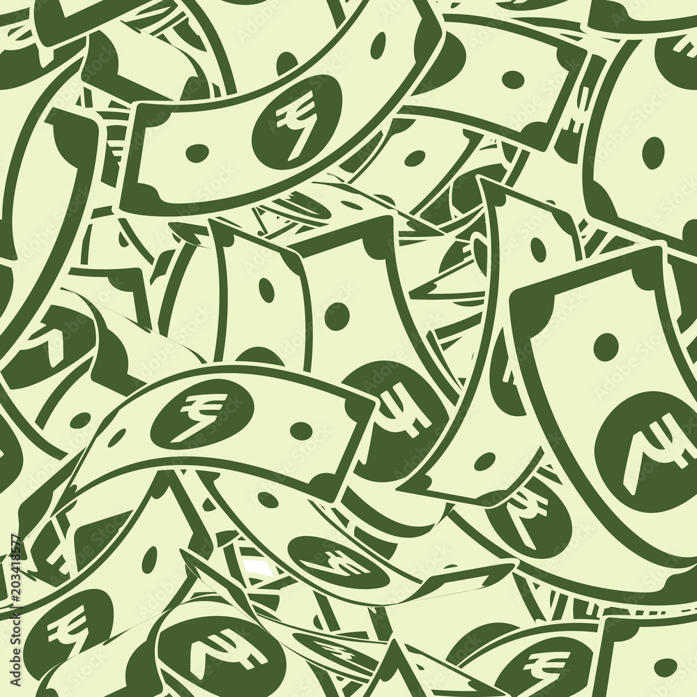 Fototapeta premium Indian rupee notes seamless pattern. Scattered INR bills. India big flying money pattern. Jackpot, wealth or success concept. Vector illustration.