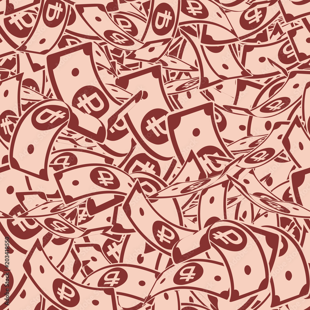 Russian ruble notes seamless pattern. Scattered RUB bills. Russia cartoon flying money pattern. Jackpot, wealth or success concept. Vector illustration. Russian ruble notes seamless pattern. Scattered RUB bills. Russia cartoon flying money pattern. Jackpot, wealth or success concept. Vector illustration.