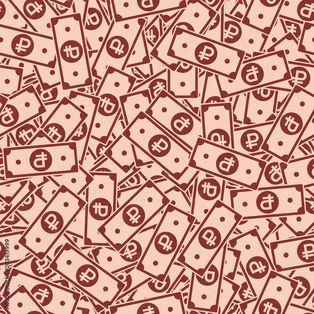 Fototapeta premium Russian ruble notes seamless pattern. Scattered RUB bills. Russia random flat money pattern. Jackpot, wealth or success concept. Vector illustration.