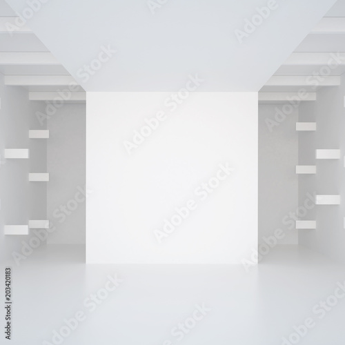 3d illustration. White interior of of not existing building with horizontal  extruded wall elements in perspective. Symmetrical view  render. Place for text.