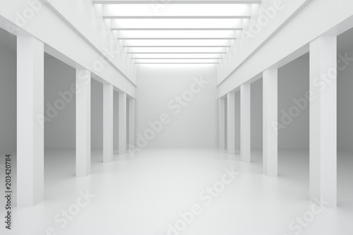 3d illustration. White interior of of not existing building with columns and beamed ceilings and top light in perspective. Symmetrical view, render. Place for text.