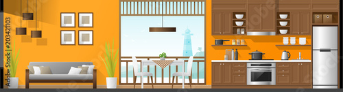 House interior section panorama background including living room , dining room and kitchen , vector , illustration