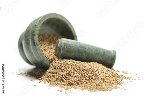 Organic Thyme Seeds (Trachyspermum ammi) or ajowan on marble pestle and over white background. photo