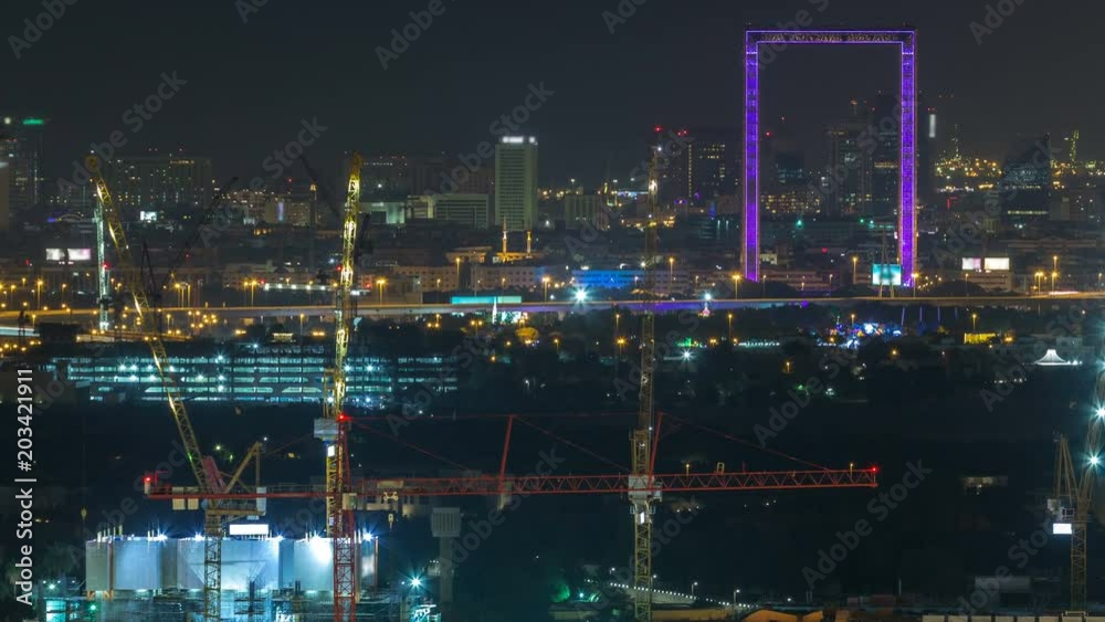 Dubai skyline night timelapse with Frame, a new iconic architecture in the city Dubai skyline night timelapse with Frame, a new iconic architecture in the city