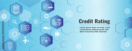 Credit Rating Header Web Banner with Debt, Credit Card, & Credit Score Icon Set
