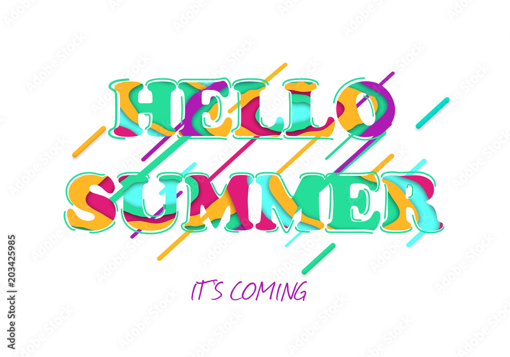 Hello summer typographic design with abstract forms of paper cutting and tropical leaves. Vector illustration. Hello summer typographic design with abstract forms of paper cutting and tropical leaves. Vector illustration.