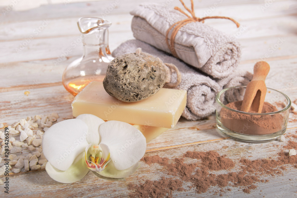 Fototapeta premium natural pumice to heels gray soap oil and mask powder