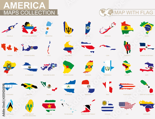 Map with flag American countries collection.
