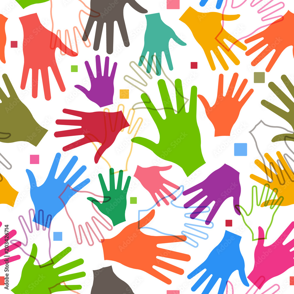 Fototapeta premium Vector Teamwork Happy Hands Seamless Pattern Background
