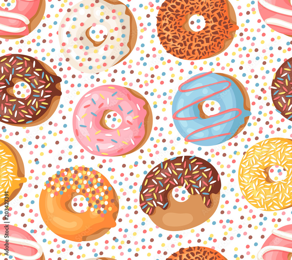 Cartoon vector illustration donuts. Hand drawn seamless pattern sweet bun. Actual Creative art work bake background Cartoon vector illustration donuts. Hand drawn seamless pattern sweet bun. Actual Creative art work bake background
