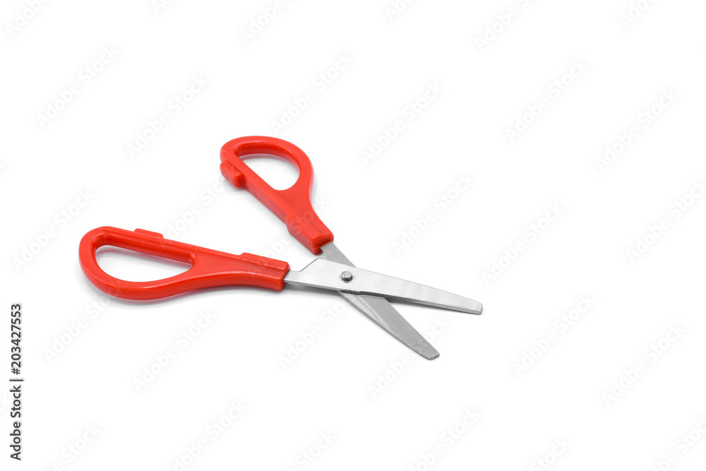 red plastic scissors isolated on white background red plastic scissors isolated on white background