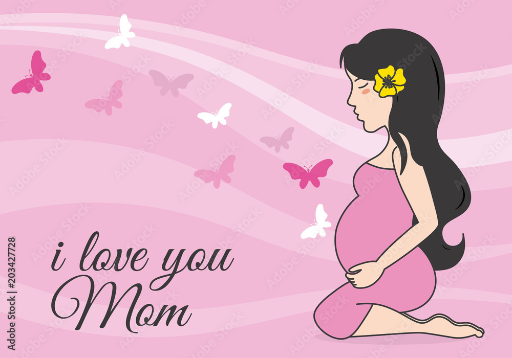 mother's day card. pregnant woman. Pink background with butterfly. mother's day card. pregnant woman. Pink background with butterfly.