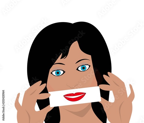 donna con finto sorriso disegnato su un biglietto