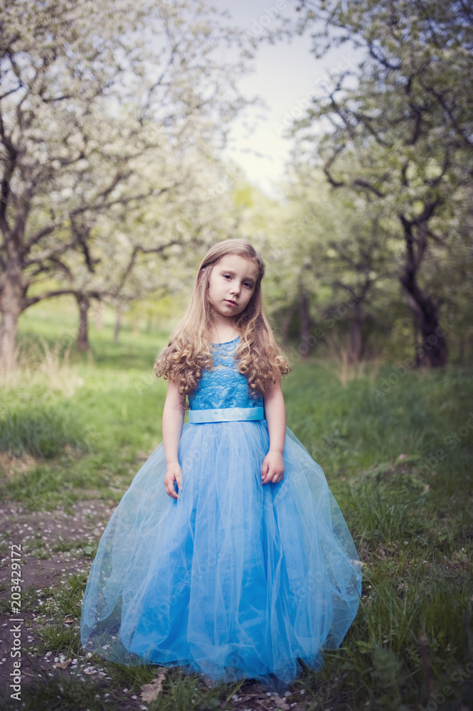 Beautiful little princess gril with blue dress in spring orchard