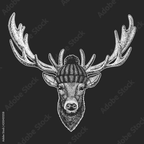 Cute animal wearing knitted winter hat Deer Hand drawn illustration for tattoo, emblem, badge, logo, patch, t-shirt