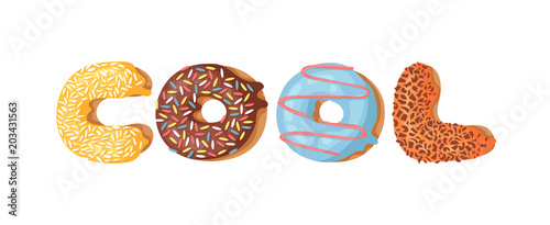 Cartoon vector illustration donut and word COOL. Hand drawn drawing sweet bun. Actual Creative art work bake