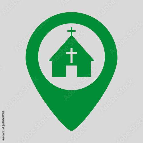 Map pointer icon with church on grey background.