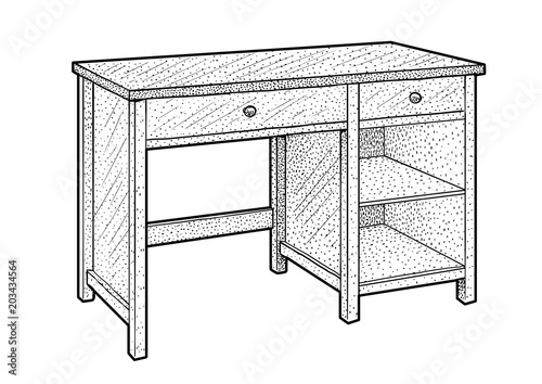 Desk illustration, drawing, engraving, ink, line art, vector