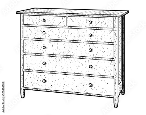 Wooden dresser illustration, drawing, engraving, ink, line art, vector