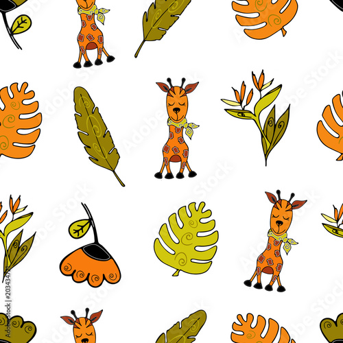 Jungle  Seamless background, Africa, giraffe, monsera  and tropical plants, doodle  style photo