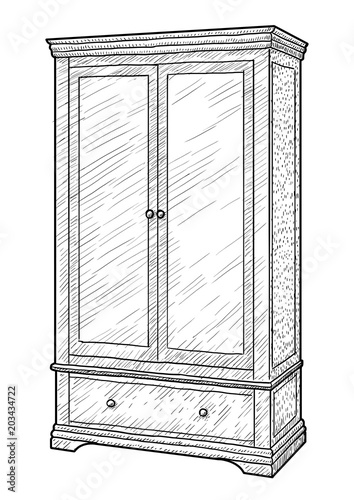 Wardrobe illustration, drawing, engraving, ink, line art, vector